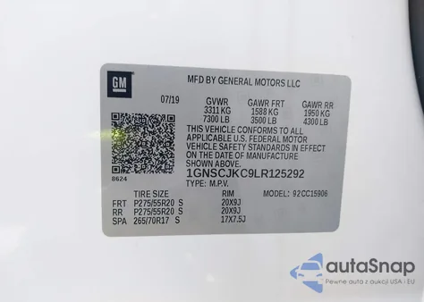 2020 Chevrolet Suburban 2Wd Premier z USA, uszkodzony, nr VIN 1GNSCJKC9LR125292